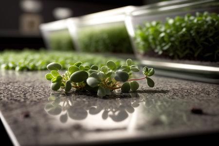 sprouts of microgreens growing interiors, closeup, Generative AIの素材