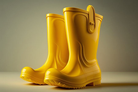 Yellow rubber boots on the light yellow background, Generative AIの素材