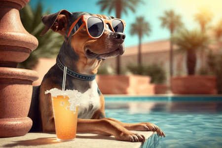 Dog wearing sunglasses relax near a swimming pool, Generative AIの素材