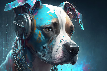 Neon blue colors dog listening to music in earphones, Generative AIの素材