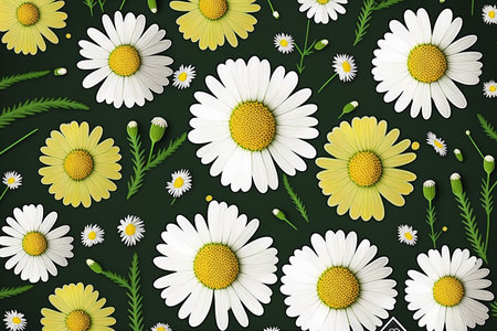 Chamomile flowers on the dark green background. Flatlay, top view, Generative AIの素材