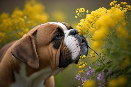 Dog smelling blooming yellow flowers, Generative AIの素材