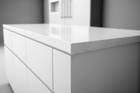 White minimalistic kitchen table worktop monochrome colors, Generative AIの素材