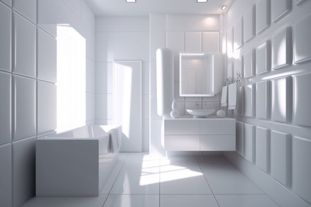 Minimalistic interior of white clean monochrome bathroom, Generative AIの素材