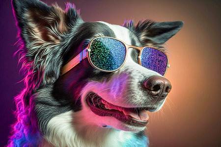 Dog wearing sunglasses with colorful reflection, Generative AIの素材