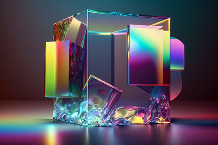 Abstract prism figure with colorful sunlight reflection on the gradient background, podium for demonstrating commercials, Generative AIの素材