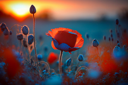 Poppy flower closeup growing in a sunset light, poppy field, Generative AIの素材