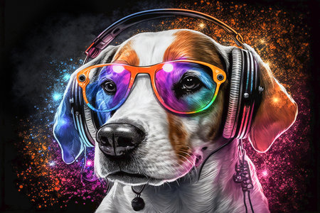 Closeup portrait of a dog wearing headphones and colorful sunglasses, Generative AIの素材
