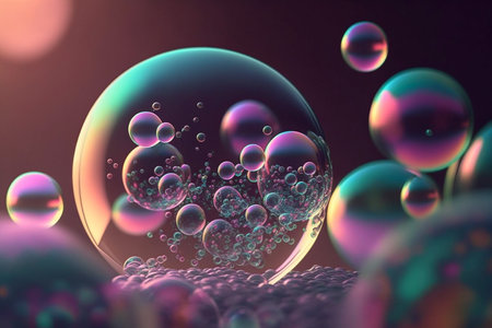 Different sizes soap bubbles with holographic effect, Generative AIの素材