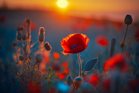 poppy flower closeup in a sunset light, poppy field, Generative AIの素材