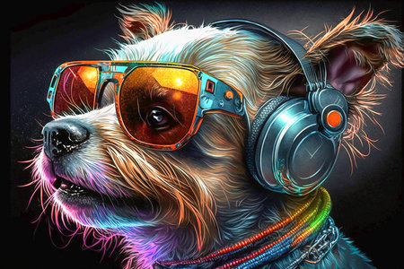 Closeup portrait of a dog wearing headphones and bright sunglasses, Generative AIの素材