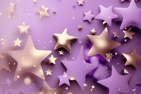 Golden different sizes star shape confetti on the lilac background, festive background, greeting card, Generative AIの素材