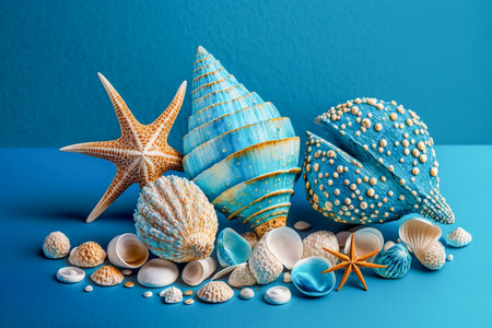 Different sizes and color sea shells and sea stars on the blue background. Side view, Generative AIの素材