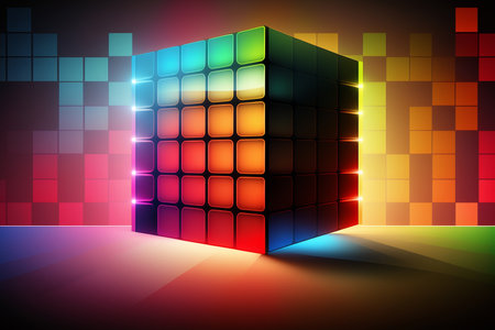 colorful cube on a gradient iridescent background, 70s style, Generative AIの素材