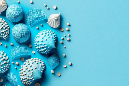 Seashells on the light blue background, copyspace, Generative AIの素材