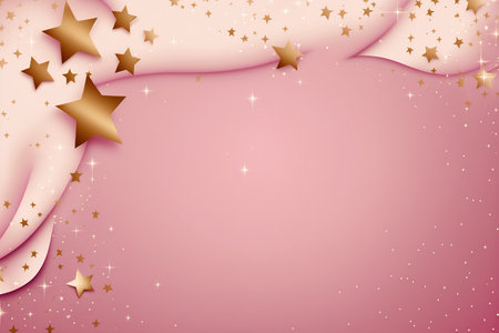 Golden star shape confetti on the light pastel pink background. Curtans imitation, space for text, Generative AIの素材