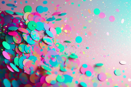 Blue, green and pink confetti on a pastel background, copy space, Generative AIの素材