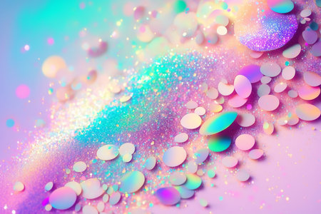 Blue, green and pink confetti on a pastel pink background, copy space, Generative AIの素材