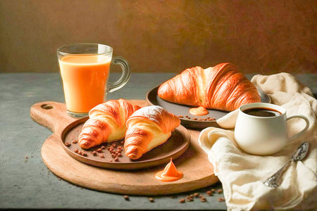 Breakfast in bed with juice, croissant and coffee, Generative AIの素材