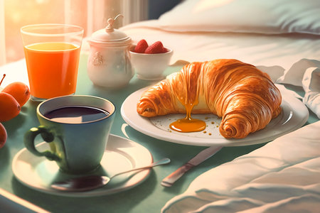 Breakfast in bed with juice, croissant and coffee, watercolor, Generative AIの素材