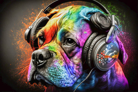 Portrait of a big colorful dog wearing headphones, Generative AIの素材