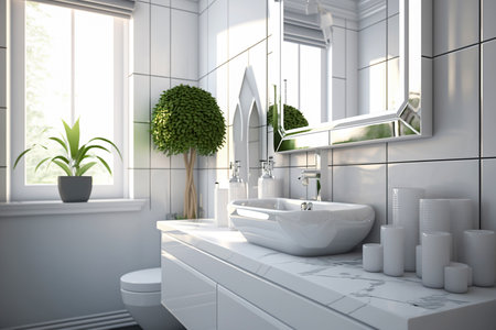 Sink closeup in a modern white bathroom, Generative AIの素材