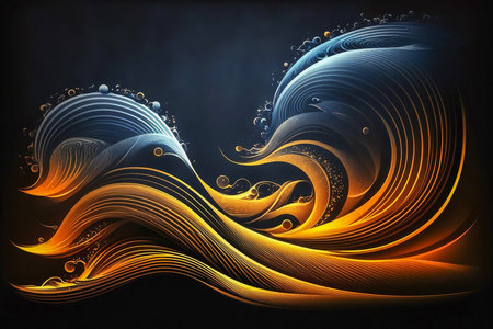 Decorative bright waves on the black background, Generative AIの素材