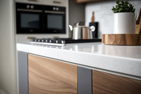 Modern kitchen interior, white table with wooden elements, growing plant and metal teapot, Generative AIの素材