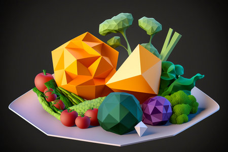Plate with vegetables made of paper in origami technique, dark background, Generative AIの素材