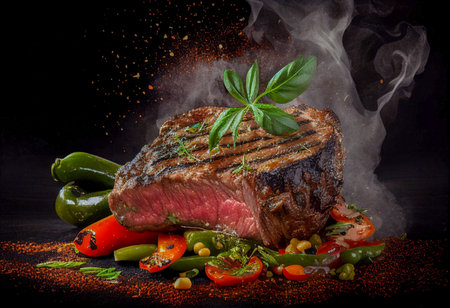 Steak cooking on a grill, Generative AIの素材