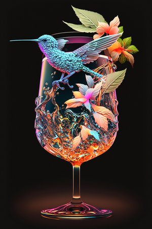 Picture of tropical cocktail glass decorated with a bird figure, Generative AIの素材
