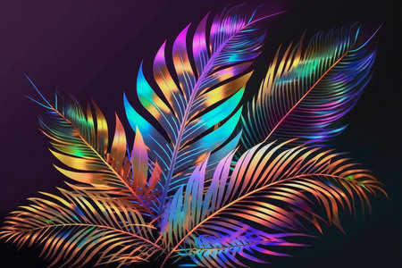 Palm leaves of different iridescent colors, Generative AIの素材