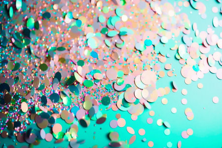 Green and golden confetti on light green background, Generative AIの素材