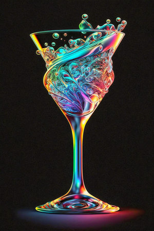 Crystal ornament neon colors cocktail glass on a dark background, Generative AIの素材