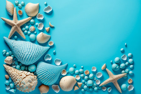 Sea shells on the light blue background, copy space, Generative AIの素材
