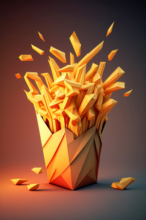 French fries or fried potatoes in a cardboard box on dark background. Technical colorblocks, Generative AIの素材