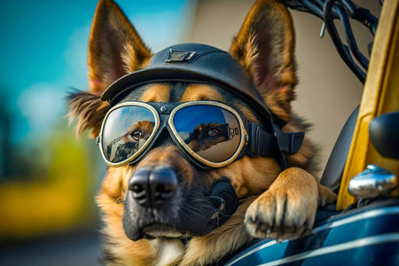 Dog traveling in cap and sunglasses, Generative AIの素材