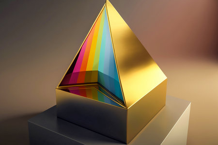 Golden metal prism pyramid with colorful sunlight reflection on the golden podium for demonstrating commercials, Generative AIの素材