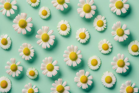 Floral chamomile pattern on a mint green background. Pastel colors, top view, Generative AIの素材