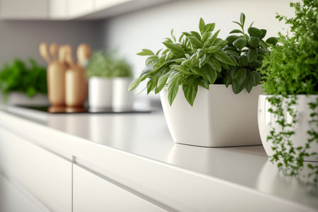 growing plants on the white kitchen interior table, Generative AIの素材