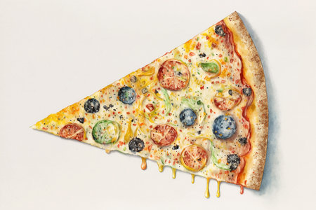 A piece of pizza, watercolor drawing on white. Generative AIの素材