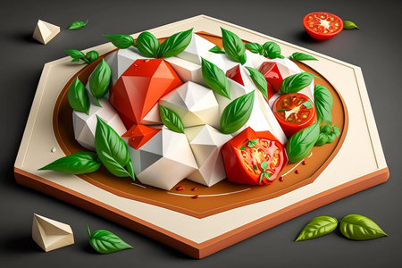 Italian caprese salad with mozzarella and tomatoes made of paper in origami technique, Generative AIの素材