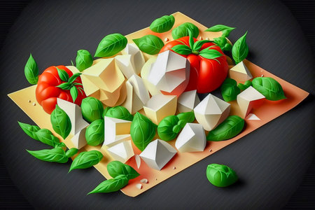 Italian caprese salad with mozzarella and tomatoes on dark background made of paper in origami technique, Generative AIの素材