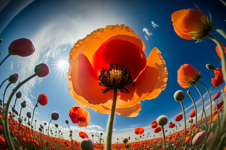 bright poppy flower closeup, fish eye effect, Generative AIの素材