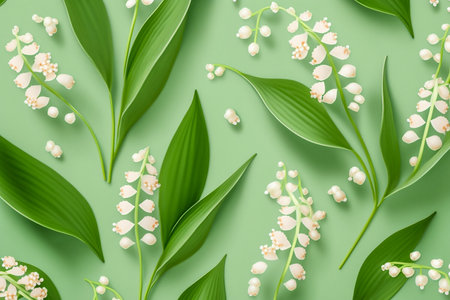 lily of the valley flowers pattern on the light green background, Generative AIの素材