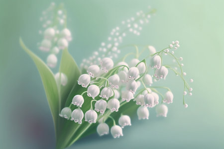 Lily of the valley watercolor painting, symbol of the 1st may, pastel mint green colors, Generative AIの素材
