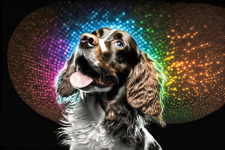Happy cute dog dancing in a night club. Bright colorful disco background, Generative AIの素材