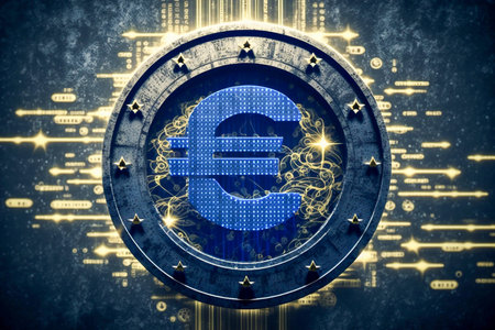 Blue euro sign on the golden matrix background, Generative AIの素材