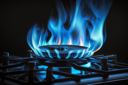 Gas burning at a kitchen gas stove, Generative AIの素材