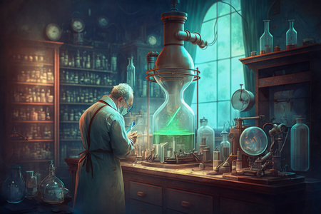 Old scientist in a chemical laboratory, Generative AIの素材